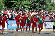 Deutsch: Beachhandball Europameisterschaften 2019 (Beach handball Euro); Tag 3: 4. Juli 2019 – Männer, Hauptrunde Gruppe II, Ungarn-Schweiz 2:0 (26:24, 27:24) English: Beach handball Euro; Day 3: 4 July 2019 – Men Main Round Group II – Hungary-Switzerland 2:0 (26:24, 27:24)
