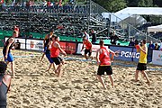 Deutsch: Beachhandball Europameisterschaften 2019 (Beach handball Euro); Tag 1: 2. Juli 2019 – Männer, Vorrunde Gruppe D, Frankreich-Montenegro 2:0 (19:7, 18:9) English: Beach handball Euro; Day 1: 2 July 2019 – Men Preliminary Round Group D – France-Montenegro 2:0 (19:7, 18:9)