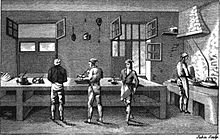Une gravure qui représente quatre hommes s'attelant à des tâches variées dans une cuisine.