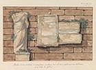Ilustracija rimskega kipa iz 18. stoletja in napisi, ponovno uporabljeni na stenah Citadele, Gozo, Malta. Kip je bil od takrat odstranjen in je zdaj v arheološkem muzeju Gozo.