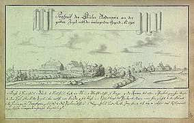 Blick auf die Burgruine und das Gutshaus (1791).