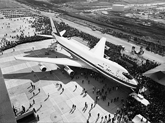 The first wide-body aircraft, the Boeing 747, rolled out in September 1968