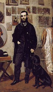 20 Portrait of the painter Giuseppe Abbati with his dog label QS:Lit,"Ritratto di Giuseppe Abbati con il suo cane" label QS:Lfr,"Portrait en pied de Beppe Abbati avec un chien" label QS:Len,"Portrait of the painter Giuseppe Abbati with his dog" 1865