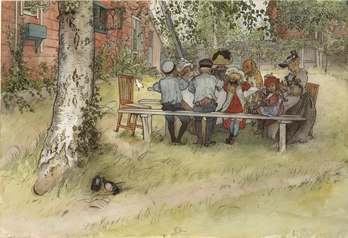 Déjeuner sous un grand bouleau (« À la maison »), tableau peint en 1896 par Carl Larsson (1853-1919). (définition réelle 675 × 459*)