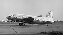 A Central African Airways Vickers VC.1 Viking arriving at London Heathrow Airport, completing a flight from Salisbury (1953).