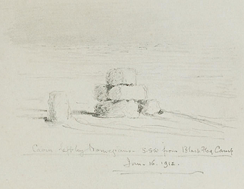 Sketch of a snow-block cairn. Captioned: 'Cairn left by the Norwegians S.S.W. from Black Flag Camp. Jan. 16. 1912'