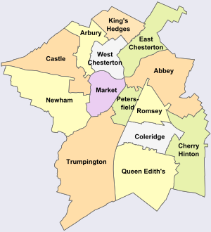 Map showing the wards of Cambridge Council Cambridge UK ward map 2010 coloured.svg