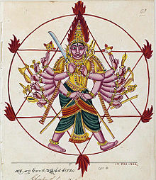 Sudarshana Chakra depicted as an ayudhapurusha and fierce aspect of his owner Vishnu. Chakra ayudhapurusha.jpg