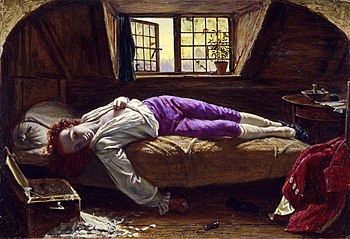 The Death of Chatterton, 1856, by Henry Wallis, the most famous image of Thomas Chatterton in the 19th century. The English poet and forger committed suicide on August 24, at the age of 17. (The figure of the poet was modelled by the young George Meredith) Chatterton.jpg