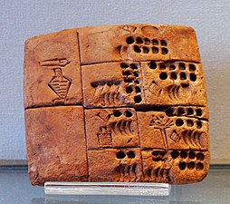 Tablette administrative représentant des comptes de bière, signe KAŠ (jarre hachurée) dans la case en haut à gauche. Les signes non-numériques en bas à droite représentent probablement des institutions[72]. Uruk (?), Uruk III. Musée du Louvre.