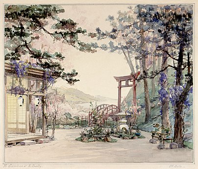 Set design for the first act of the première performance of Giacomo Puccini's Madama Butterfly by Alexandre Bailly and Marcel Jambon, restored by Adam Cuerden