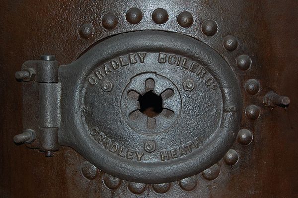 Firedoor of a boiler made by the Cradley Boiler Co, of Cradley Heath, displayed in the Black Country Living Museum.