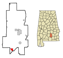 Crenshaw County Alabama Zones constituées et non constituées en société Dozier Highlighted.svg