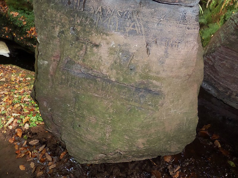 File:Crichope Linn red sandstone arch pillar and graffiti, Cample, Dumfries & Galloway, Scotland.jpg