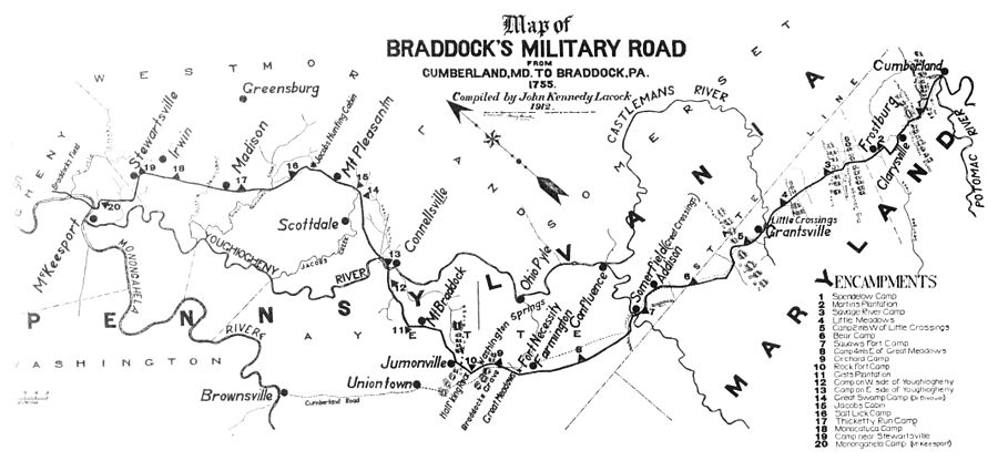 Map of Braddock's Military Road from Cumberland, MD to Braddock, PA 1755