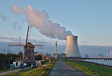 De Molen (windmill) and the nuclear power plant cooling tower in Doel, Belgium (DSCF3859).jpg