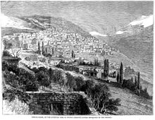 Sketch of Deir al-Qamar from an English newspaper published in July 1860 Deir al Kamr ILN July 21 1860.jpg