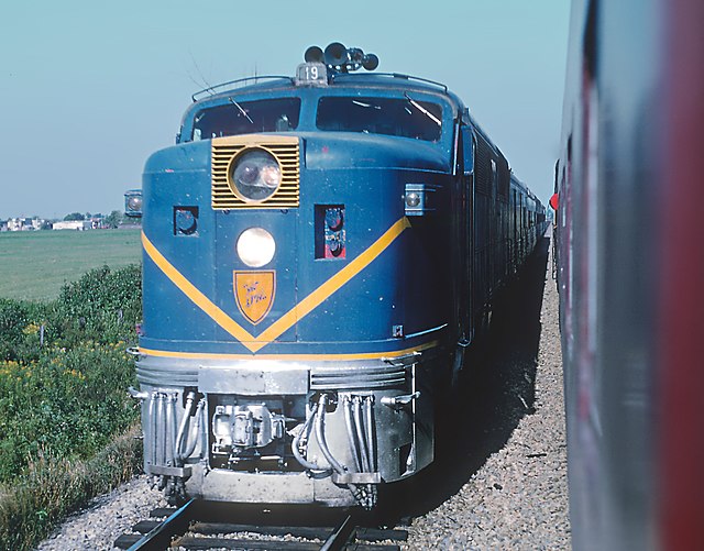 The Laurentian passing Train 9, The Montreal Limited, near Delson, Quebec, in September 1968
