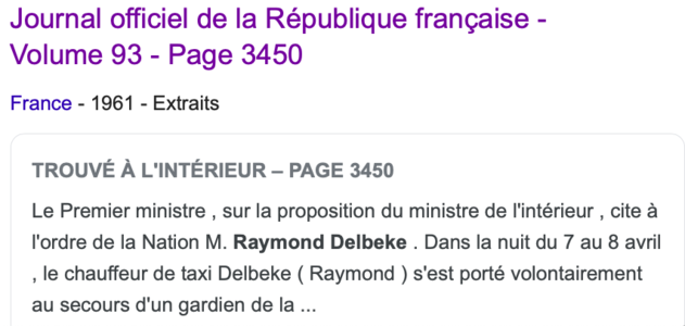 Delbeke Raymond 1911-1961, (doc) 1961-06-05 Le Premier ministre... cite à l'ordre de la Nation... extrait JO vol 93 page 3450 (extrait)