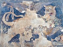A Hellenistic Greek mosaic depicting the god Dionysos as a winged daimon riding on a tiger, from the House of Dionysos at Delos in the South Aegean region of Greece, late 2nd century BC