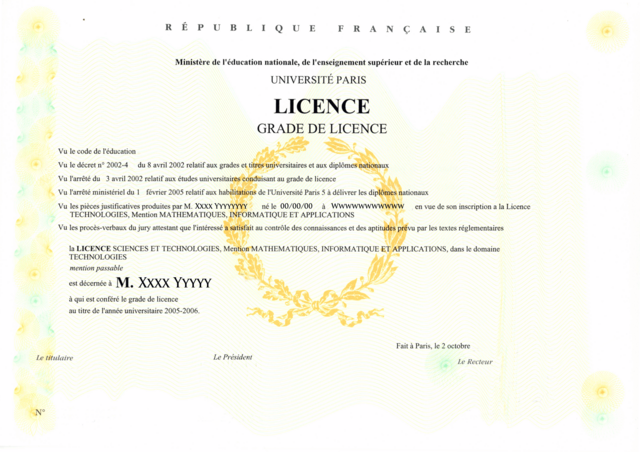 Copy of French licence's diploma