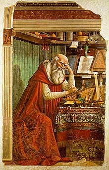 Jerome defended the perpetual virginity of Mary against Helvidius. Domenico Ghirlandaio - St Jerome in his study.jpg