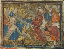 Vyobrazení bitvy na pláních Aliscans poblíž Orange, kde křesťanská vojska utrpí strašlivou porážku od Saracénů
