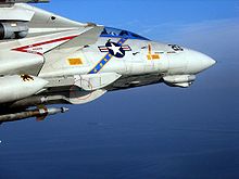 An upgraded F-14D(R) Tomcat with the ROVER transmit antenna circled with USS Theodore Roosevelt in the background