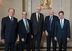 Left to Right: William J. McDonough (1993-2003), William C. Dudley (2009-2018), Paul Volcker (1975-1979), E. Gerald Corrigan (1985-1993), Timothy Geithner (2003-2008) FRS NY cent grp 121613 0523 02835 (14103256893).jpg