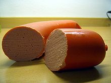 Swedish falukorv sausage, split in half. Falukorv.jpg