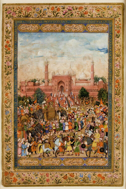 Farrukhsiyar arrives at the friday congregation Farrukhsiyar Procession in front of the Great Mosque of Delhi.png