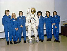 Lucid (far left) in the first class of women astronauts. The others are (left to right) Rhea Seddon, Kathryn Sullivan, Judith Resnik, Anna Fisher and Sally Ride