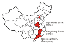 Fossiliferous basins in China. The holotype of Nanshiungosaurus was discovered at the Nanxiong Basin Fossiliferous basins of China.png