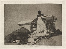 An etching displaying a woman about to fire a big gun.