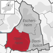 Karte mit dem Bezirk (in Rot) innerhalb des Bezirks (in Dunkelgrau) und dem Rest der Stadt (in Hellgrau)