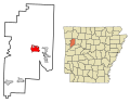 This map shows the incorporated and unincorporated areas in Franklin County, Arkansas, highlighting Ozark in red. It was created with a custom script with US Census Bureau data and modified with Inkscape.