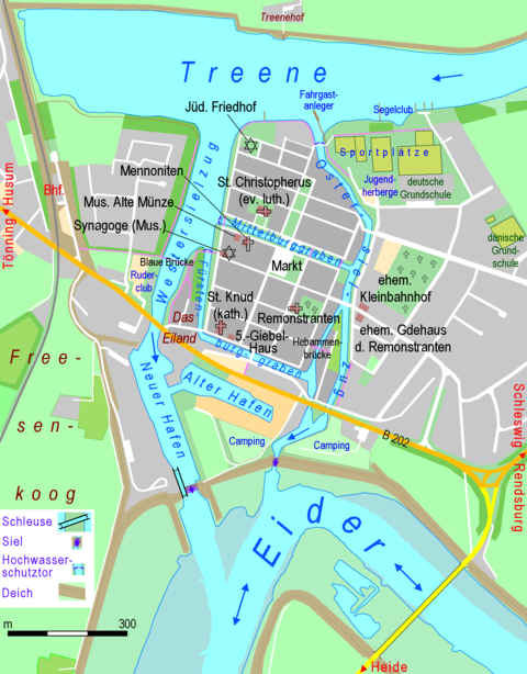 Friedrichstadt mit Treene, Eider, Grachten und heutigen Sielen