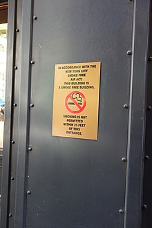 Sign outside the Corbin Building describing New York City's smoking ban Fulton Ctr td (2018-3-22) 65 - Corbin Building.jpg