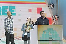 Night School Studio members Adam Hines, Heather Gross, and Sean Krankel at the 2016 Independent Games Festival GDC 2016 awards 16-19 02 38-01-7D1 1044 (25225903063).jpg