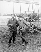 Gabriel Voisin, air pioneer, who made one of the earliest flights in a seaplane, with Henry Farman (left), in 1908 Gabriel Voisin and Henry Farman.jpg