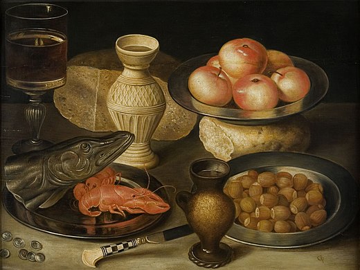 Still-Life with Bread, Haselnuts, Seafood and Apples