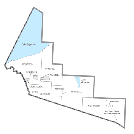 U.S. Census data map showing local municipal boundaries within Gogebic County.  Shaded areas represent incorporated cities.