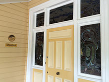 Entrance door to Grantuly with name plaque, 2015 Grantully, now part of Mt St Michael's College, 74 Elimatta Drive, Ashgrove, 2015 03.jpg