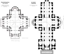 Greek cross (Church of Saint Sava) and Latin cross (St. Paul's cathedral) in church floorplans Greek and Latin cross - Temple of Saint Sava and St Paul's Cathedral.jpg