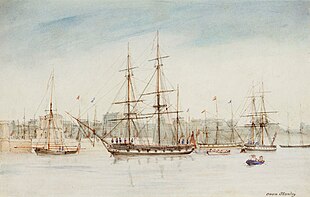 In 1837 HMS Beagle set off on a survey of Australia, shown here in an 1841 watercolour by Owen Stanley RN. HMSBeagle.jpg