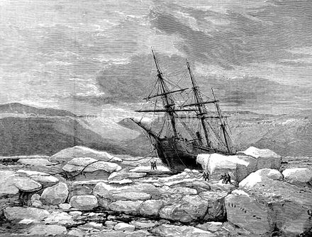 HMS Alert pushed aground by ice, Radmore Harbour, 1875–1876 (Illustrated London News, 1876)