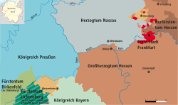 Map of Hesse-Homburg (beige) and Middle Rhine