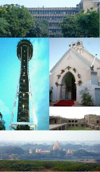 From top going clockwise: District Administrative Complex, St. Thomas Church, Fort of Firoz Shah, Sheetla Mata Temple and observatory at OP Jindal Gya