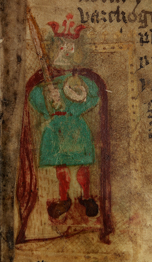 Emrys Wledig. A crude illustration from a 15th-century Welsh language version of Geoffrey of Monmouth’s Historia Regum Britanniae