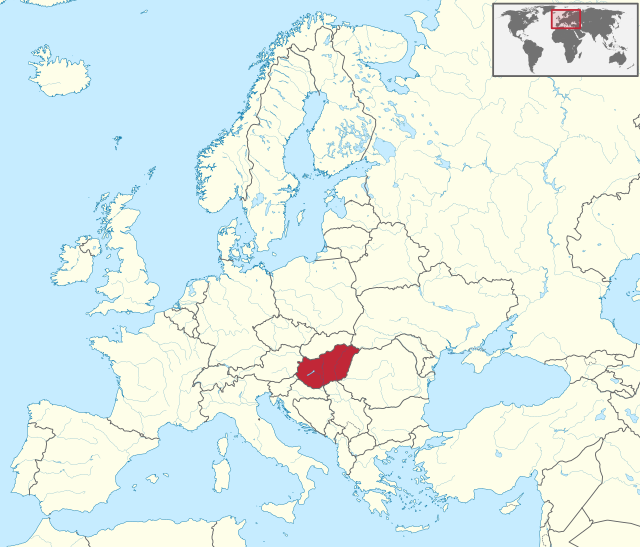Carte administrative de l'Europe, montrant la Hongrie en rouge.